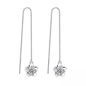 925 Sterling Silver Flower Charm CZ Solitaire Threader Earrings
